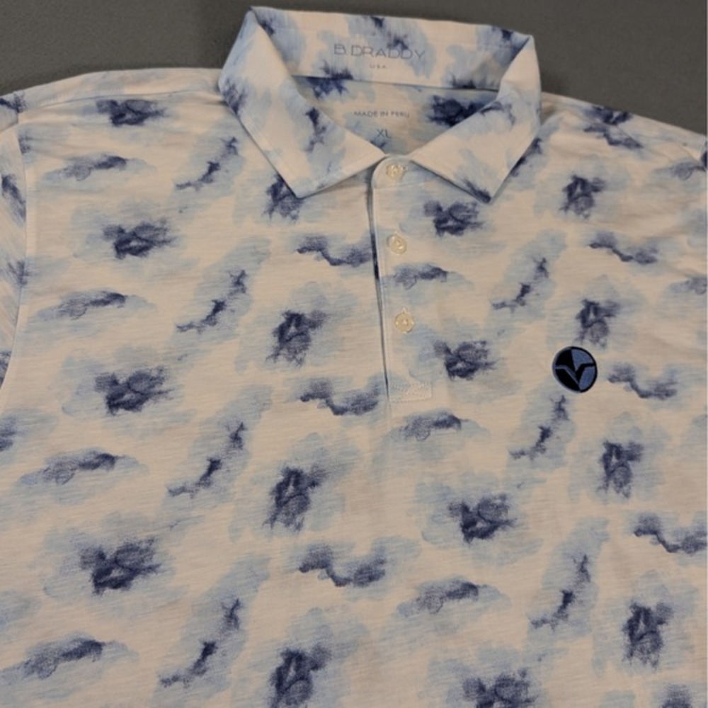 B. Draddy Mens Golf Polo Shirt Blue Cloud Print Pima Cotton Blend Size XL